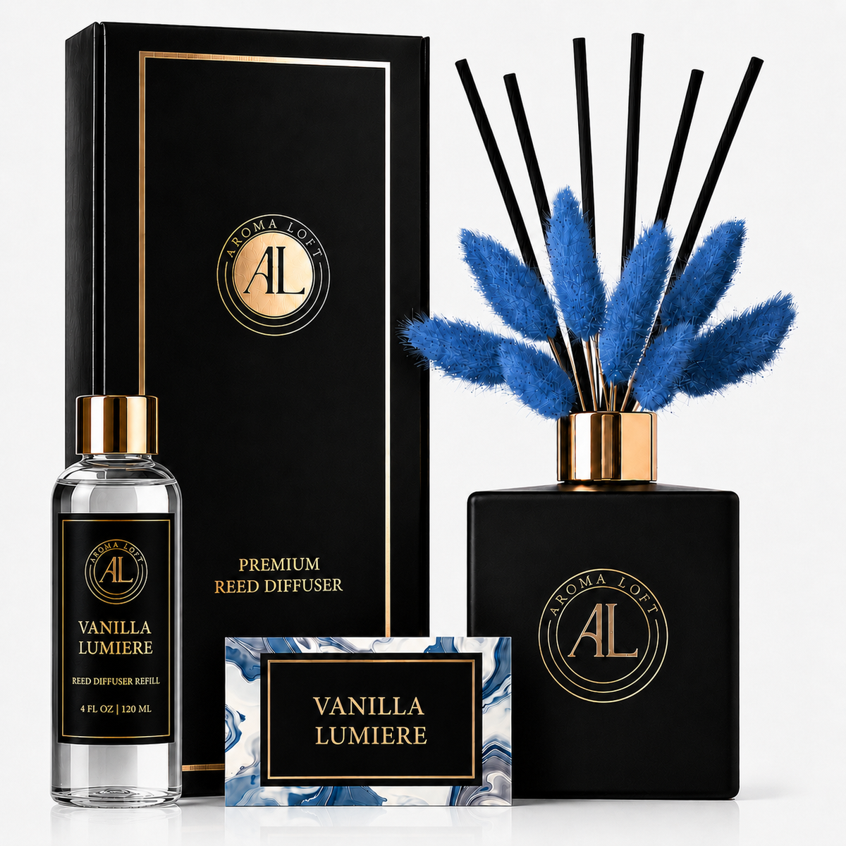Vanilla Lumière Black Luxury Reed Diffuser with Dry Flowers 5oz.+4oz. Refill