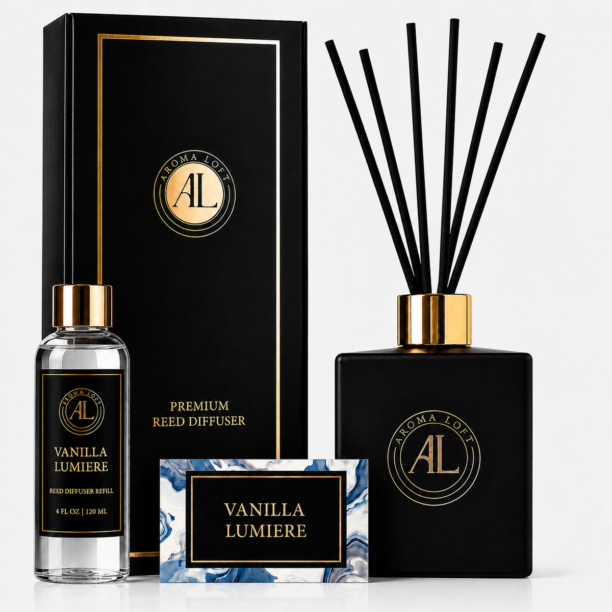 Vanilla Lumière Black Luxury Reed Diffuser 5oz.+4oz. Refill