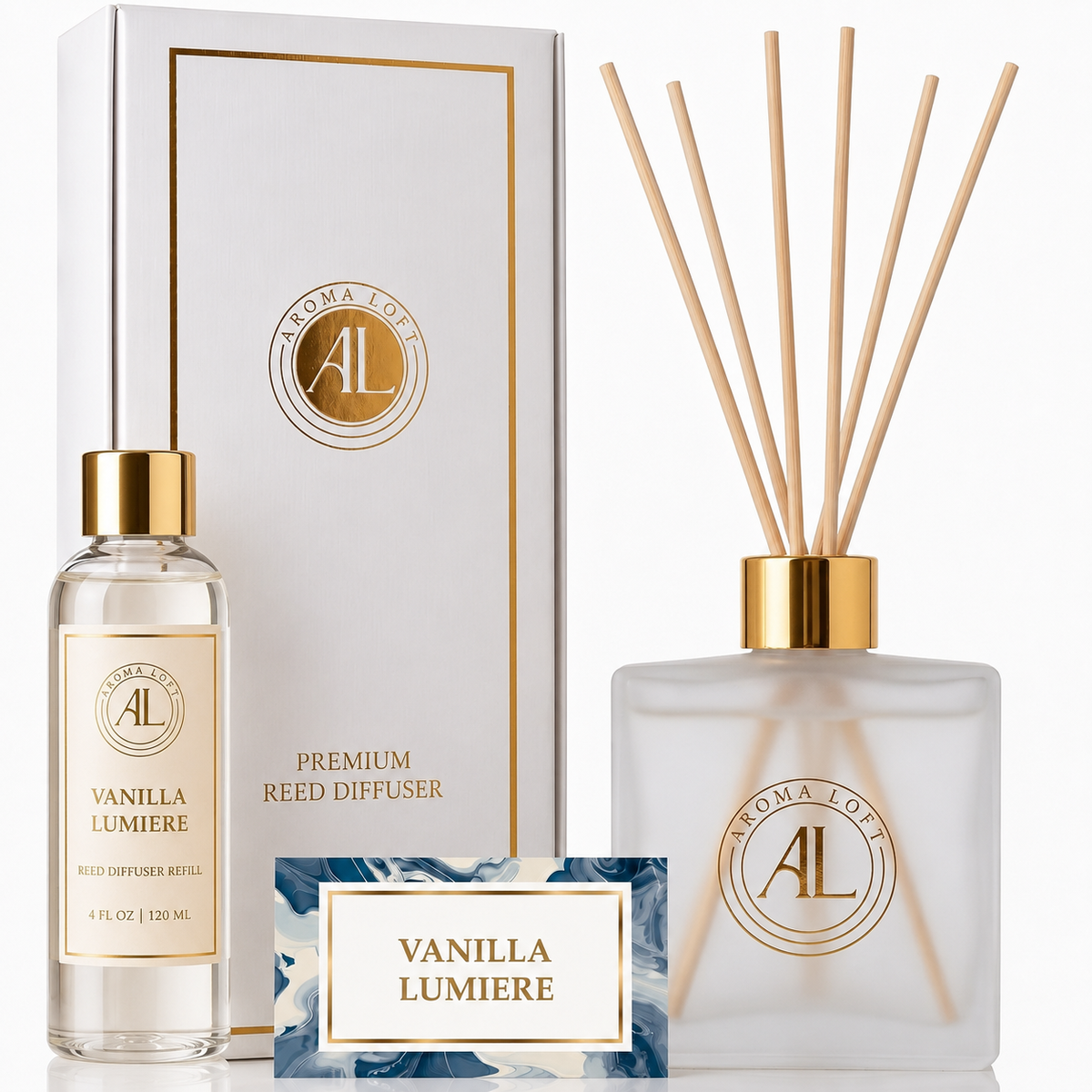 Vanilla Lumière Frosted Luxury Reed Diffuser 5oz.+4oz. Refill