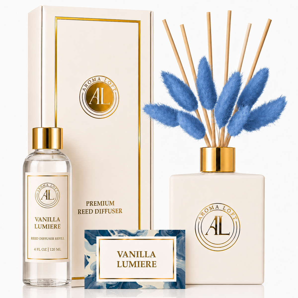 Vanilla Lumière White Luxury Reed Diffuser with Dry Flowers 5oz.+4oz. Refill