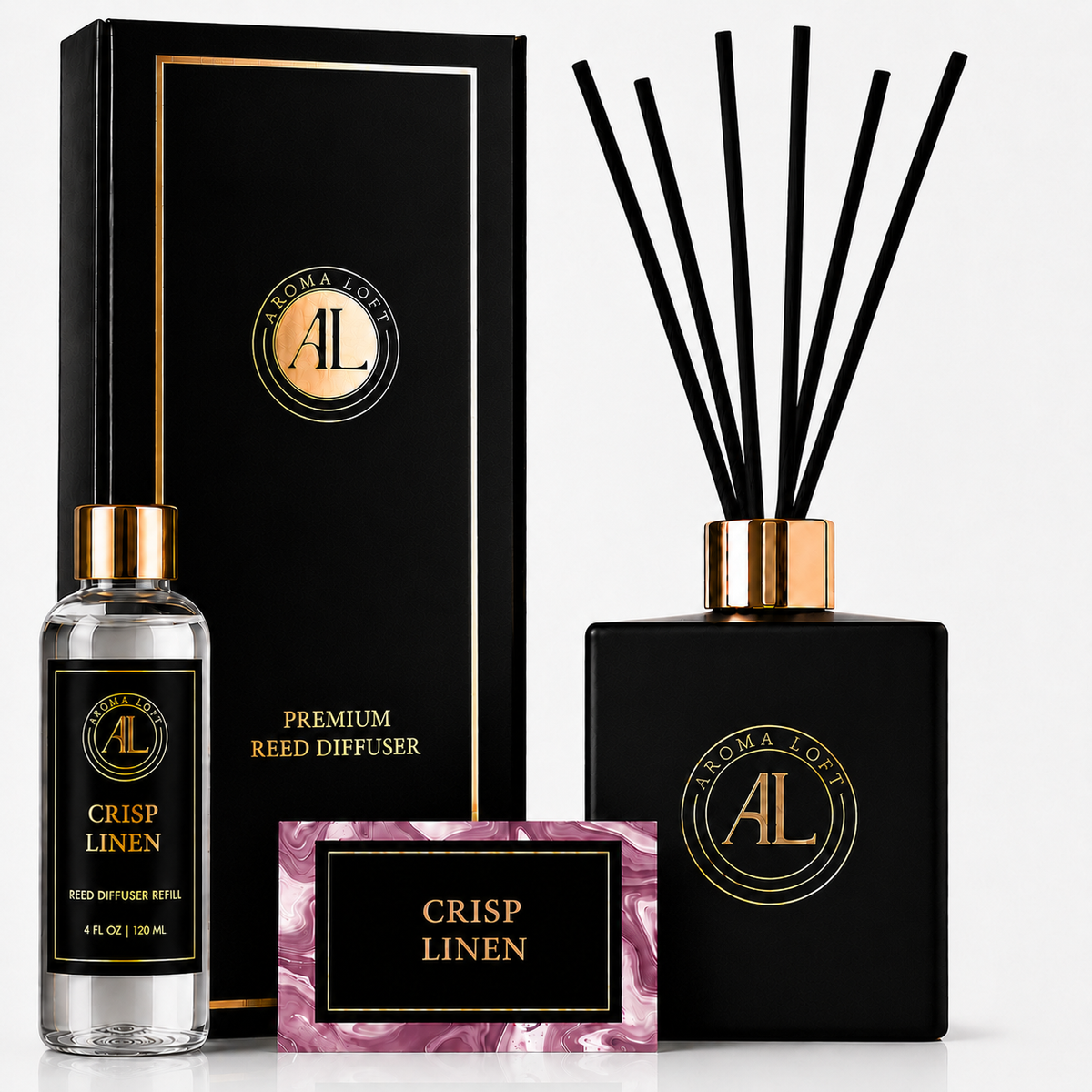 Crisp Linen Black Luxury Reed Diffuser 5oz.+4oz. Refill