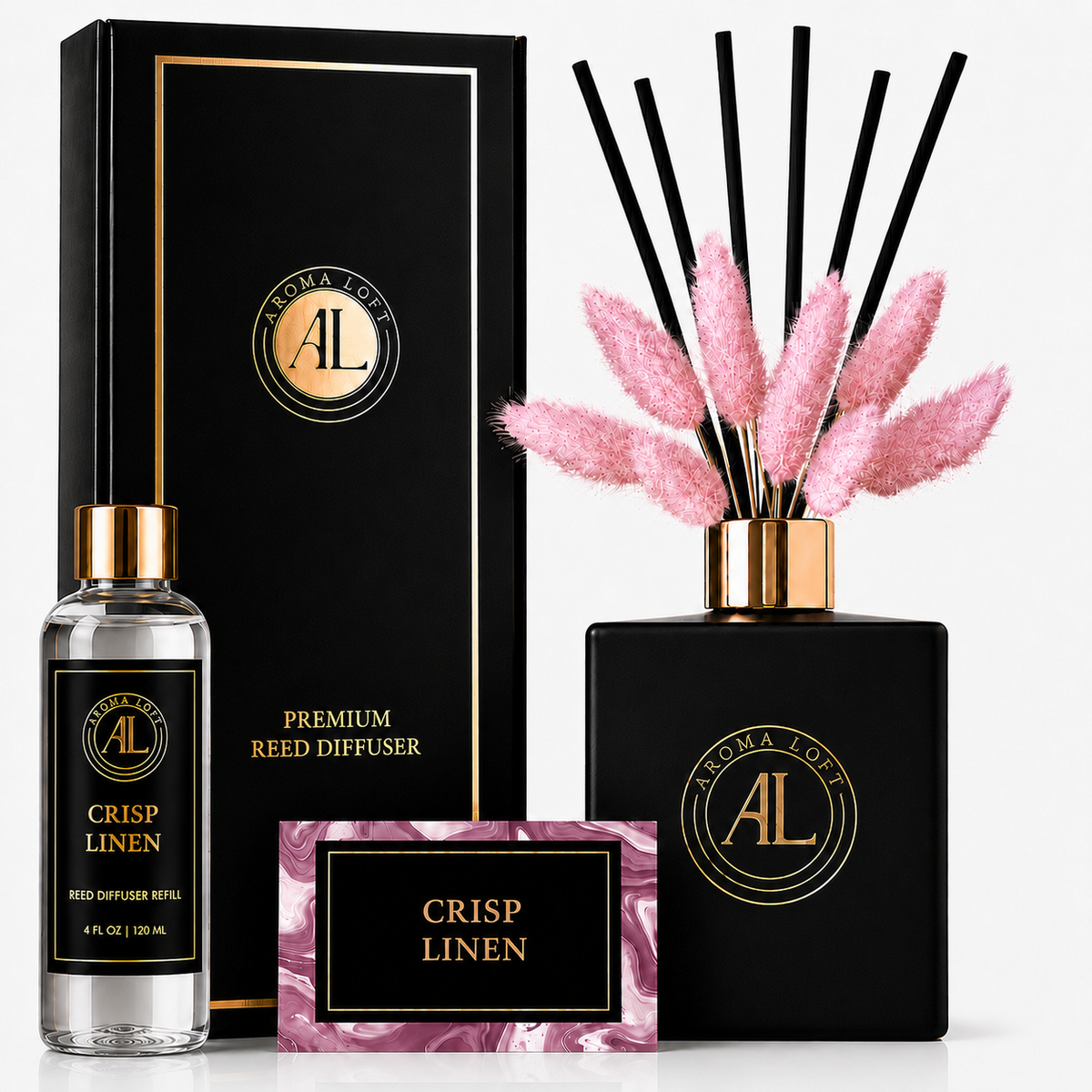 Crisp Linen Black Luxury Reed Diffuser with Dry Flowers 5oz.+4oz. Refill