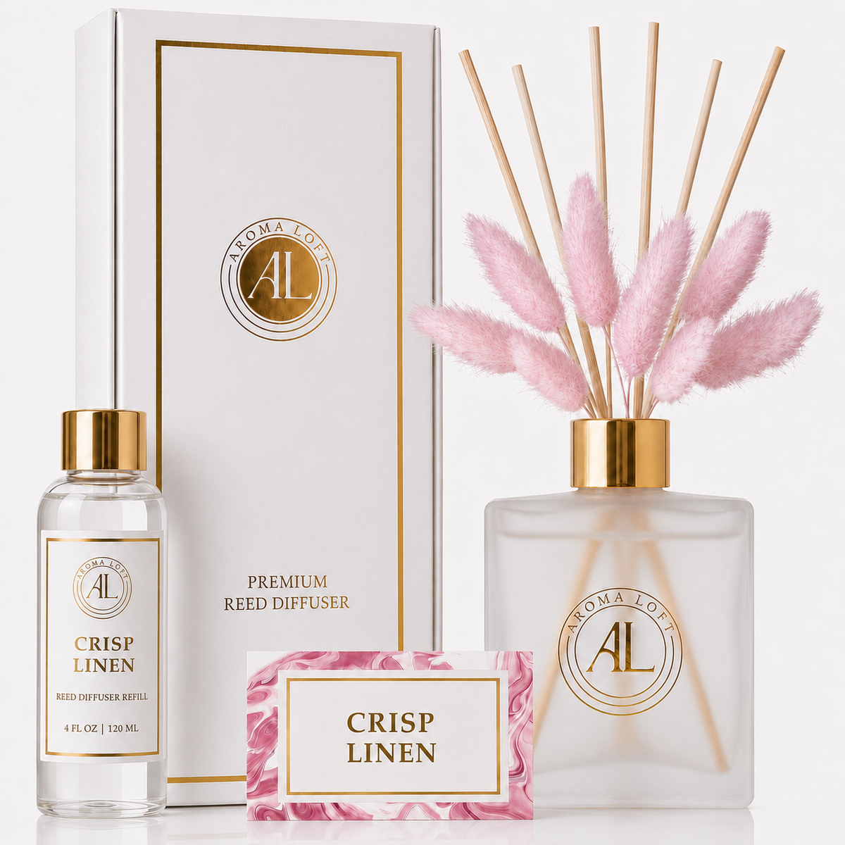 Crisp Linen Frosted Luxury Reed Diffuser with Dry Flowers 5oz.+4oz. Refill