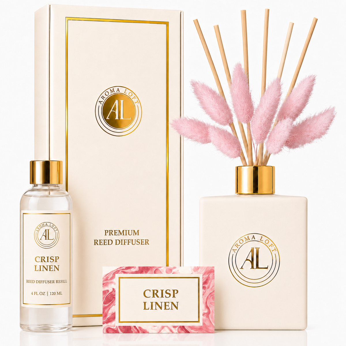 Crisp Linen White Luxury Reed Diffuser with Dry Flowers 5oz.+4oz. Refill