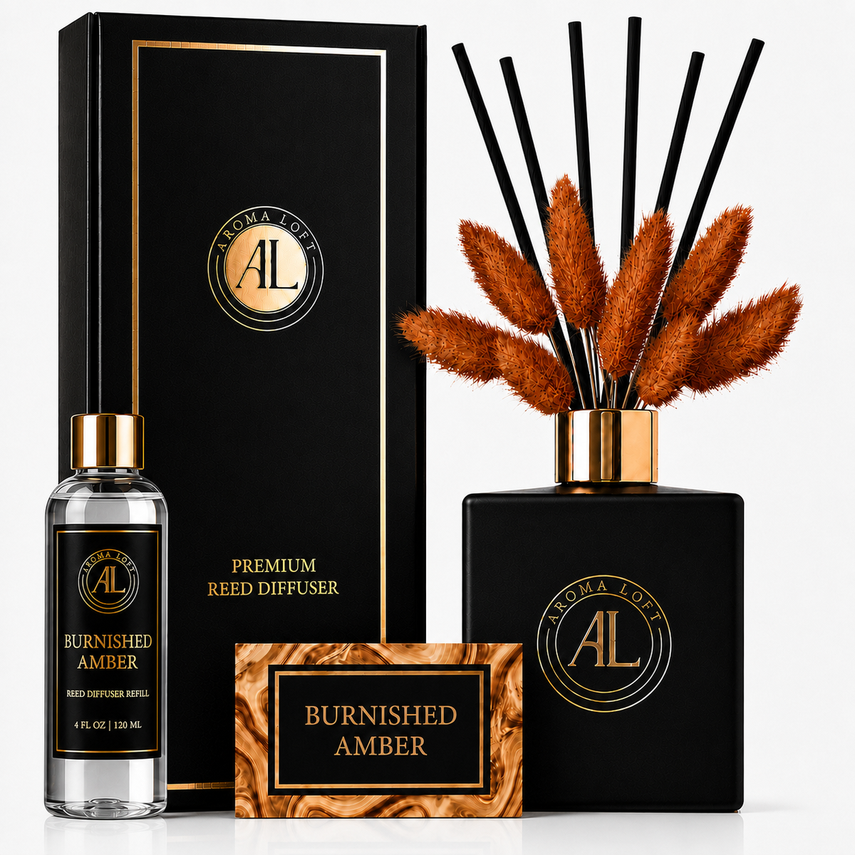 Burnished Amber Black Luxury Reed Diffuser with Dry Flowers 5oz.+4oz. Refill