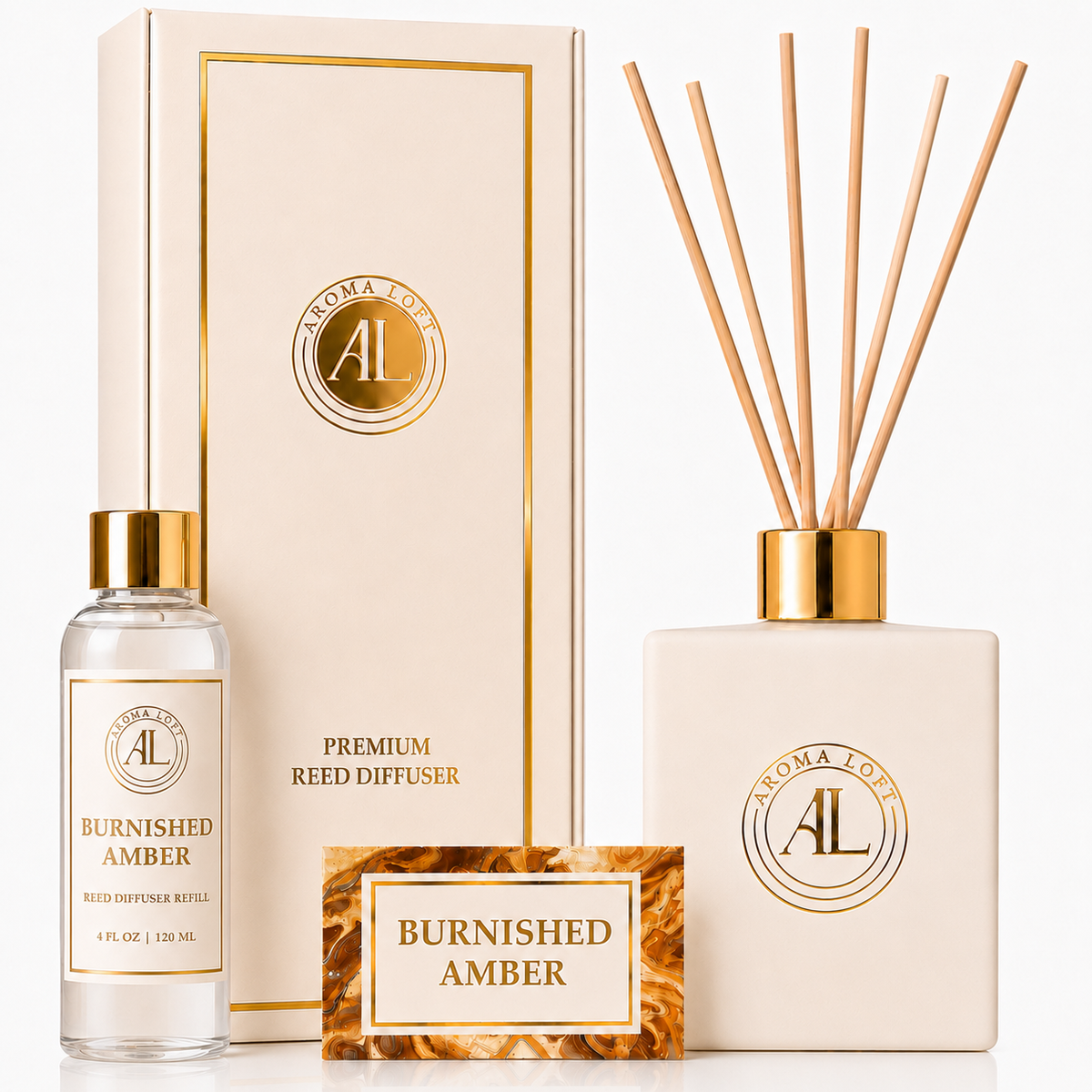 Burnished Amber White Luxury Reed Diffuser 5oz.+4oz. Refill