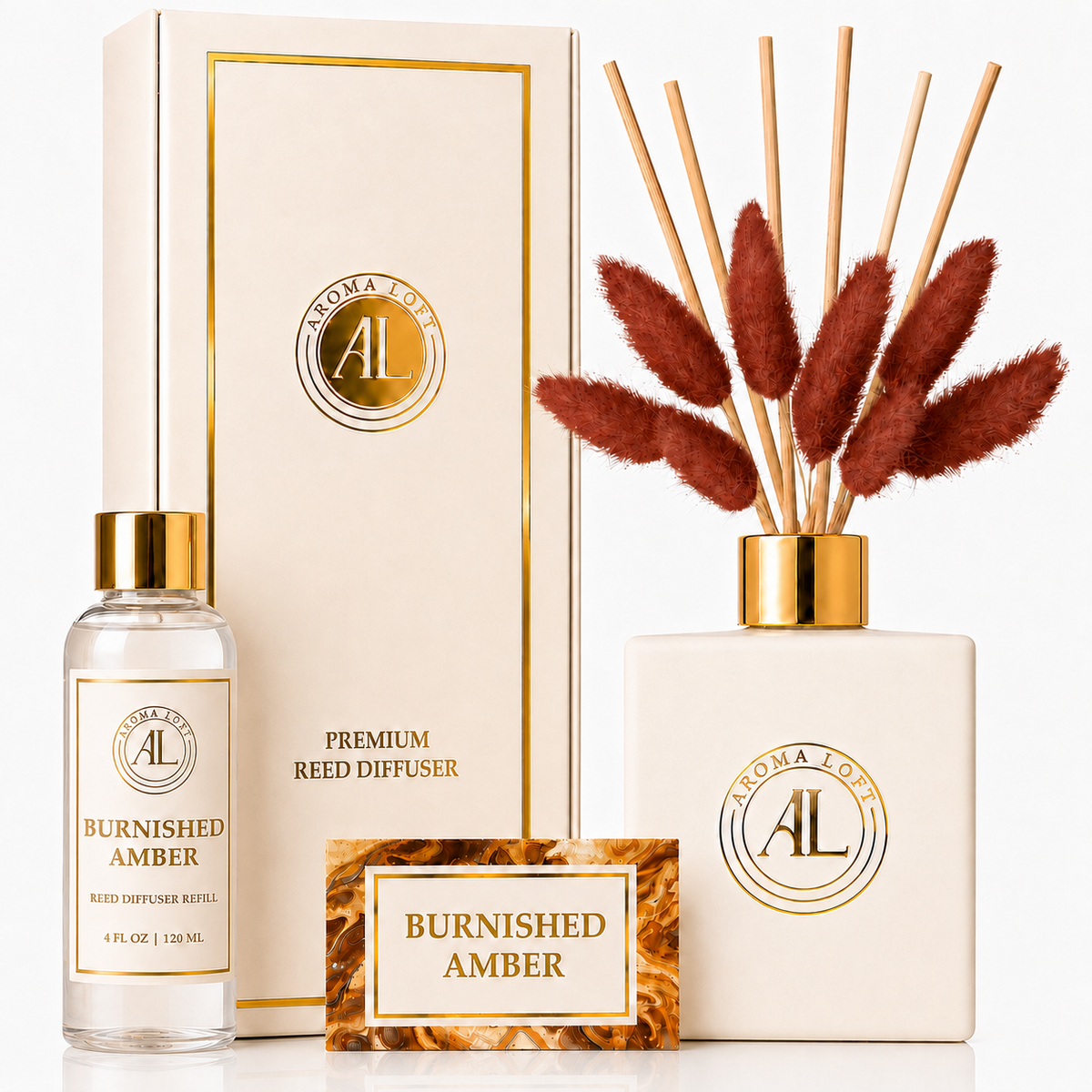 Burnished Amber White Luxury Reed Diffuser with Dry Flowers 5oz.+4oz. Refill