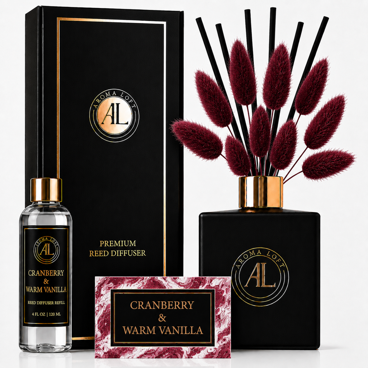 Cranberry & Warm Vanilla Black Luxury Reed Diffuser with Dry Flowers 5oz.+4oz. Refill