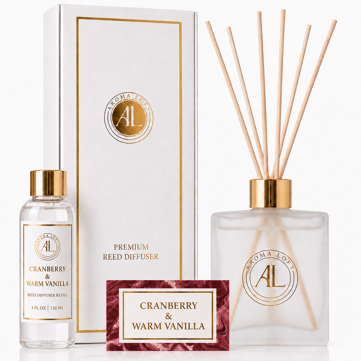 Cranberry & Warm Vanilla Frosted Luxury Reed Diffuser 5oz.+4oz. Refill