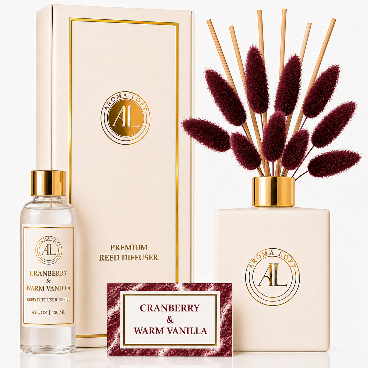 Cranberry & Warm Vanilla White Luxury Reed Diffuser with Dry Flowers 5oz.+4oz. Refill