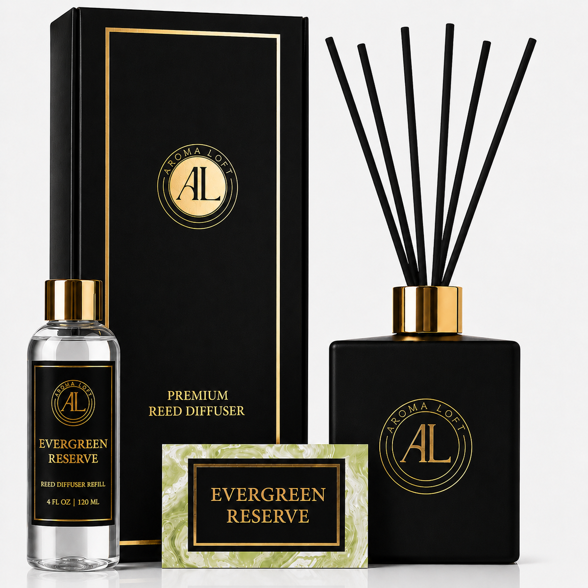Evergreen Reserve Black Luxury Reed Diffuser 5oz.+4oz. Refill
