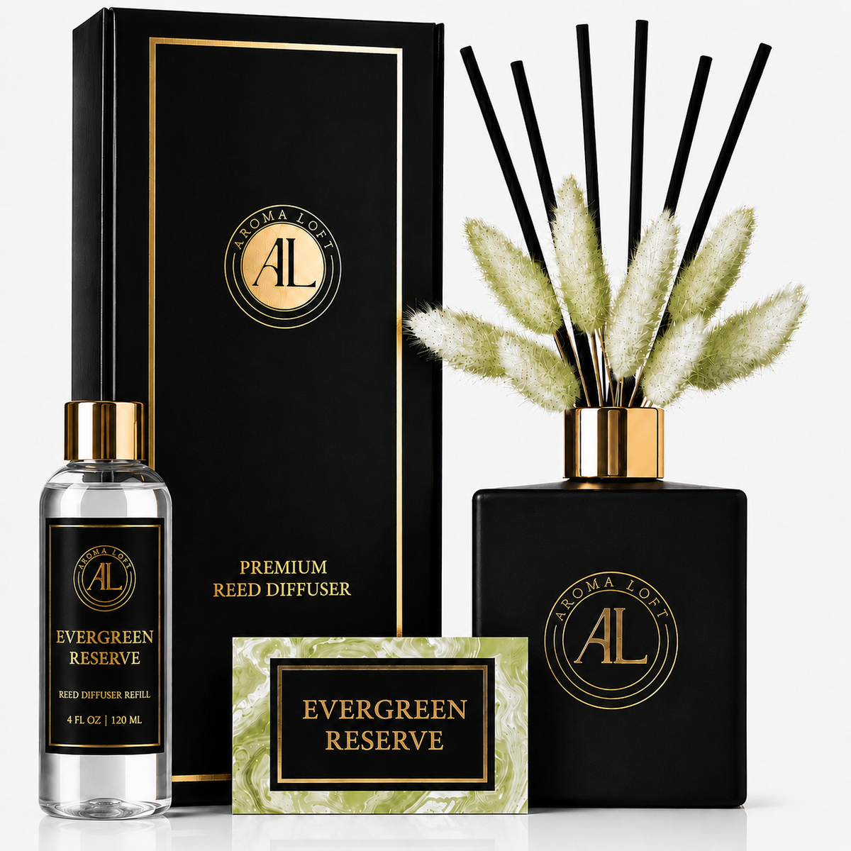 Evergreen Reserve Black Luxury Reed Diffuser with Dry Flowers 5oz.+4oz. Refill