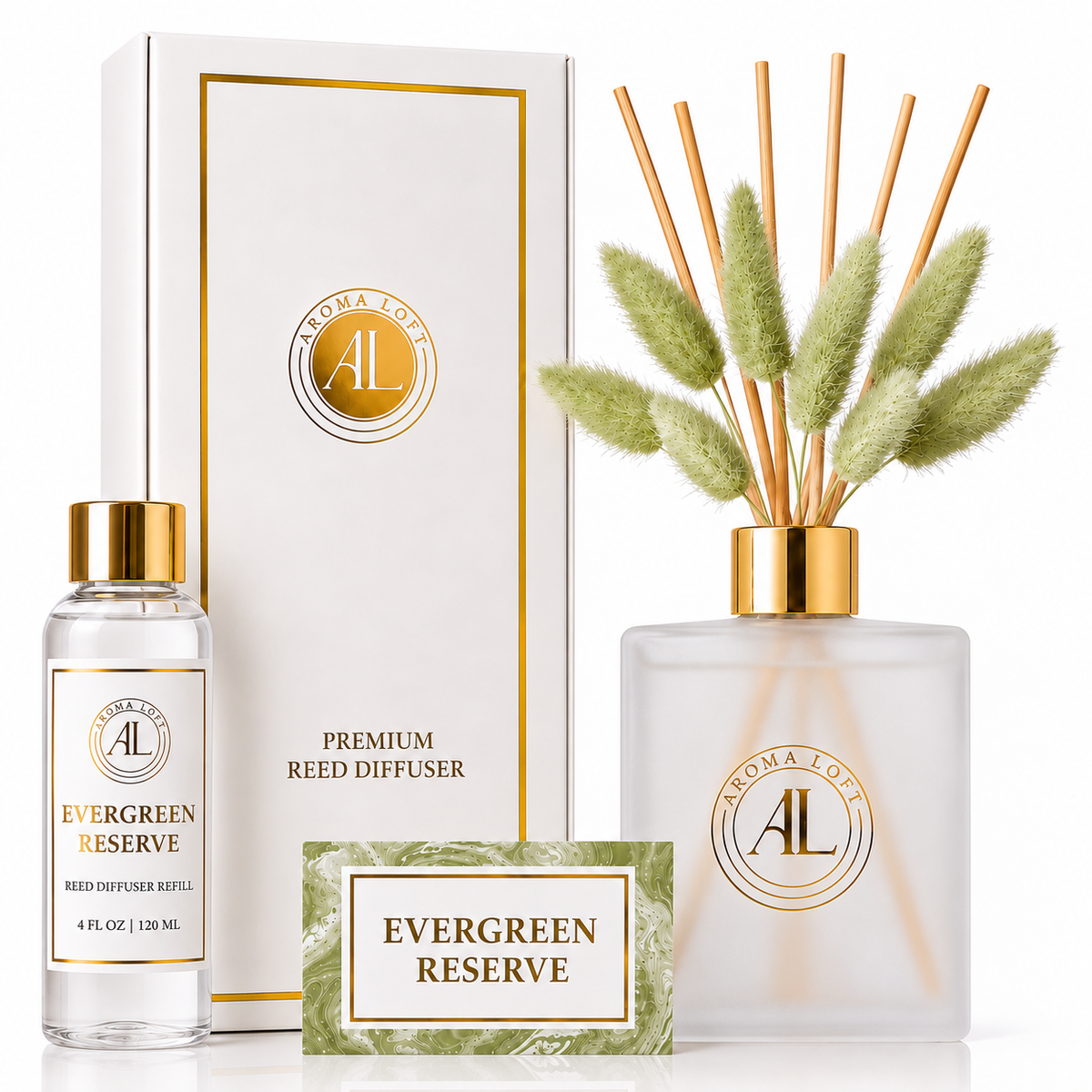Evergreen Reserve Frosted Luxury Reed Diffuser with Dry Flowers 5oz.+4oz. Refill
