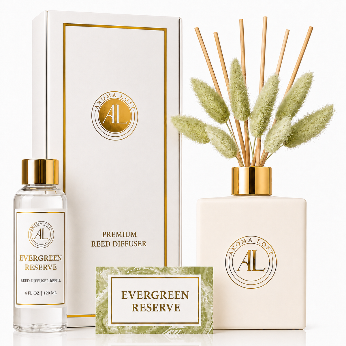 Evergreen Reserve White Luxury Reed Diffuser with Dry Flowers 5oz.+4oz. Refill