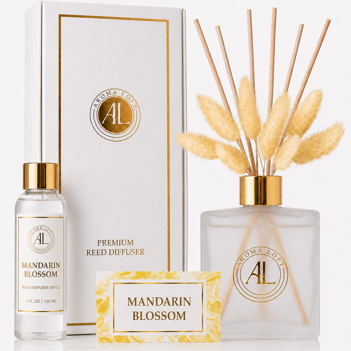 Mandarin Blossom Frosted Luxury Reed Diffuser with Dry Flowers 5oz.+4oz. Refill