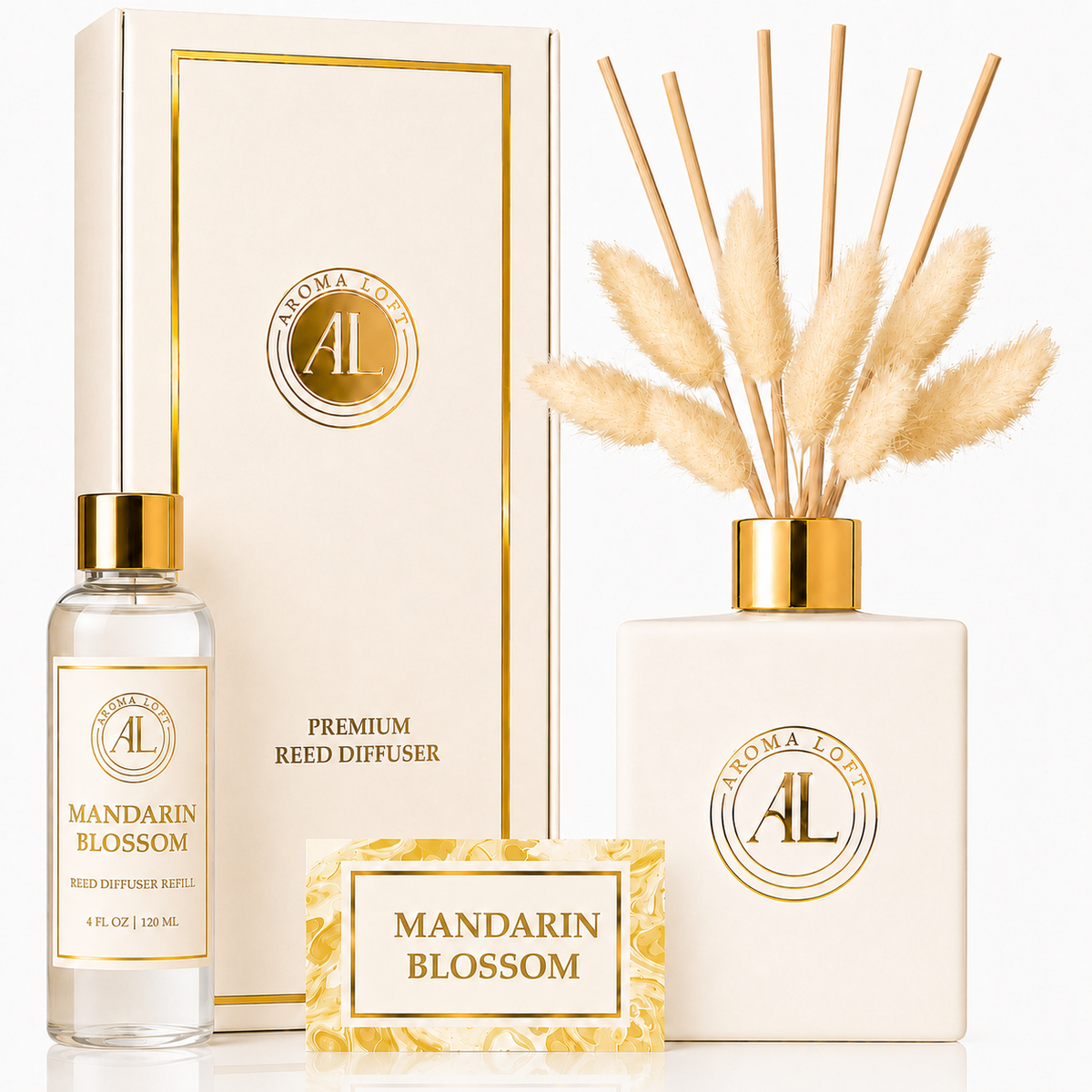 Mandarin Blossom White Luxury Reed Diffuser with Dry Flowers 5oz.+4oz. Refill