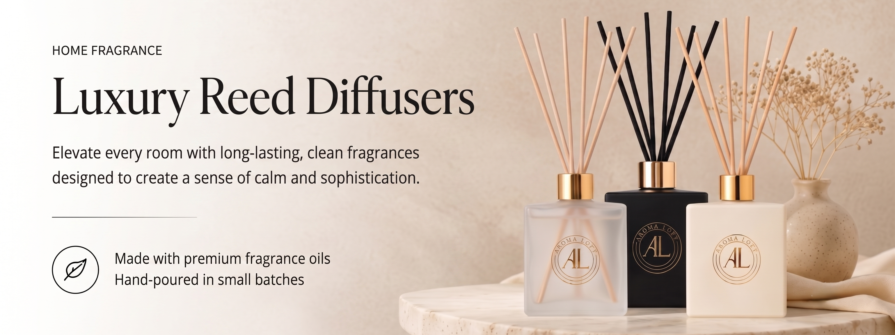 Three luxury reed diffusers with gold caps and black reeds displayed on a marble surface against a warm beige background, with promotional text on the left.